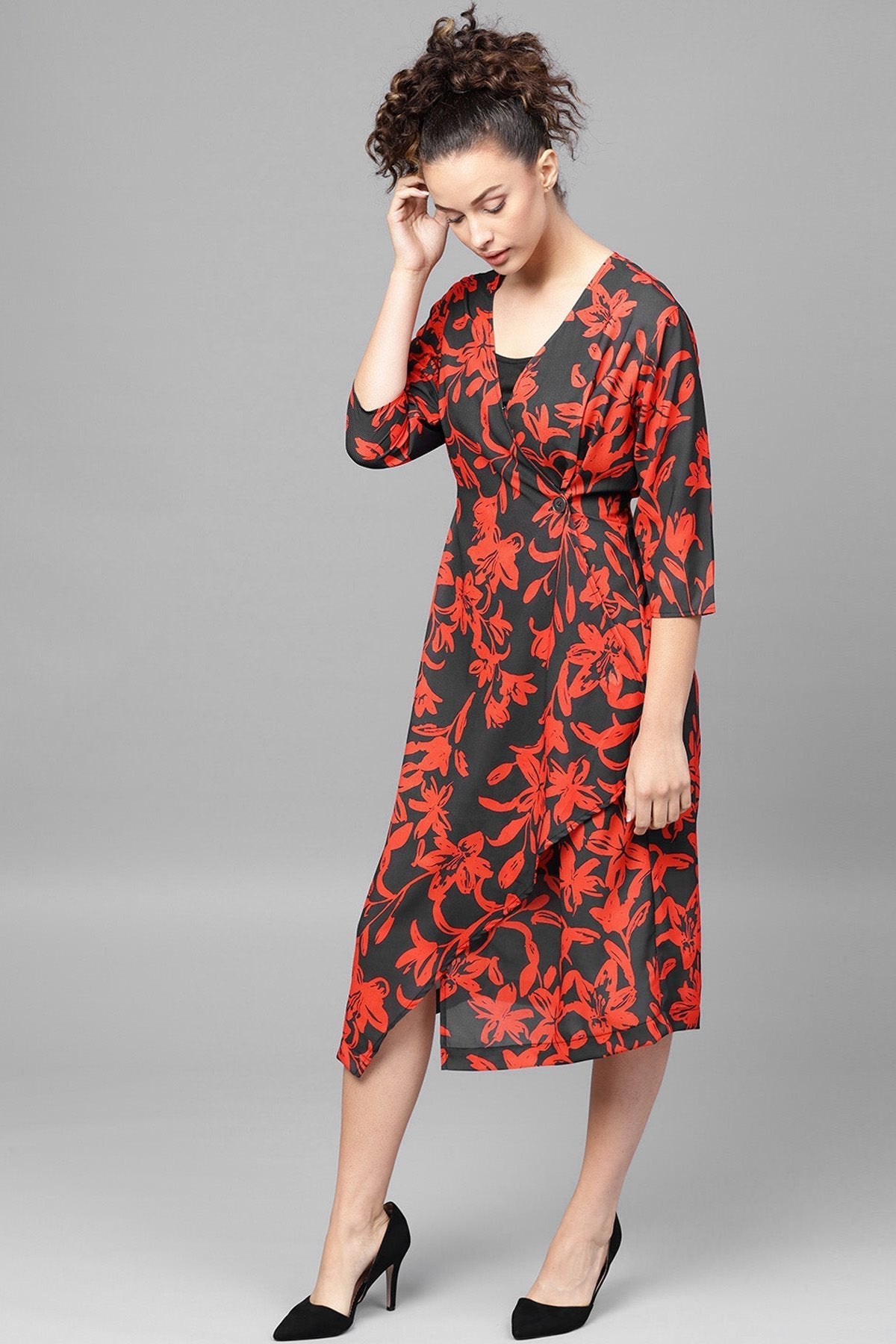 Women's Red Floral Button Wrap Midi Dress - SASSAFRAS