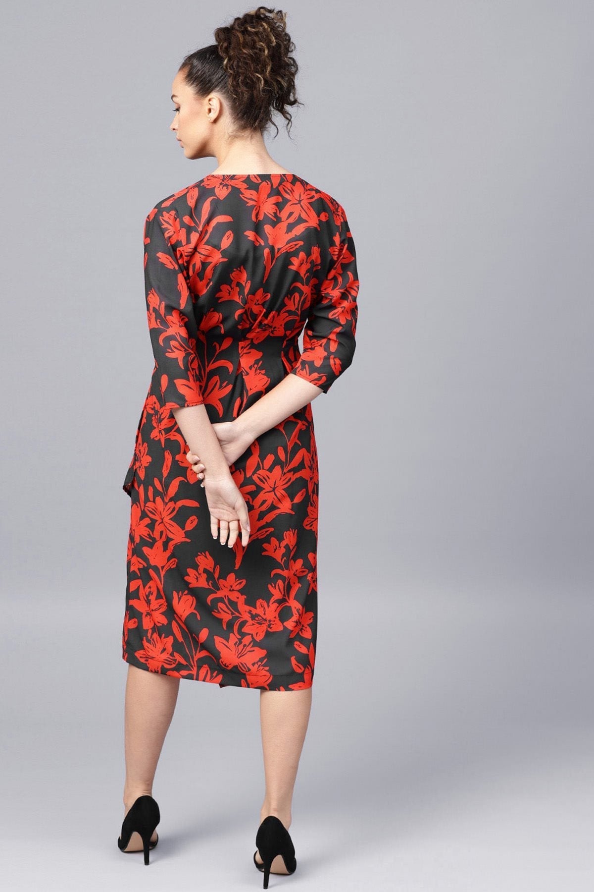 Women's Red Floral Button Wrap Midi Dress - SASSAFRAS