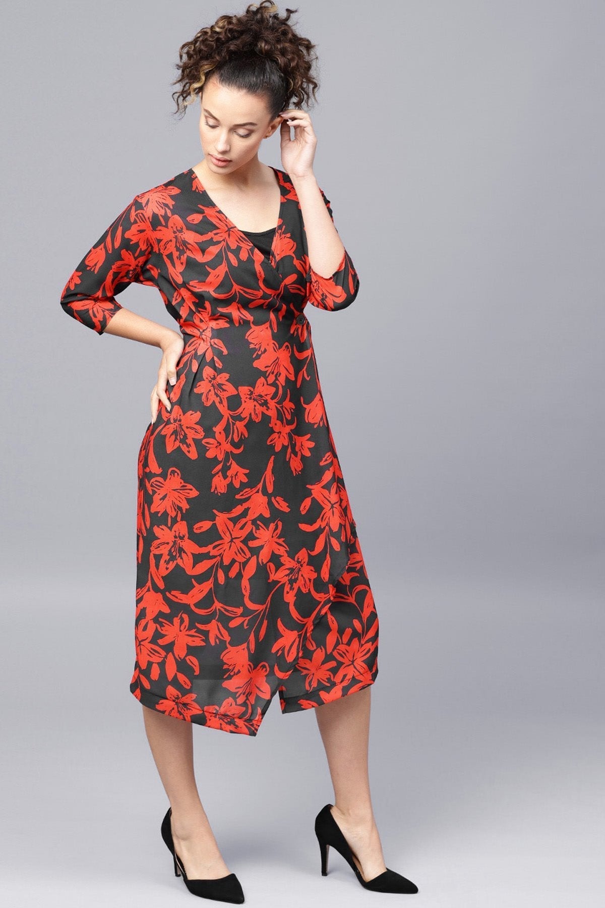 Women's Red Floral Button Wrap Midi Dress - SASSAFRAS