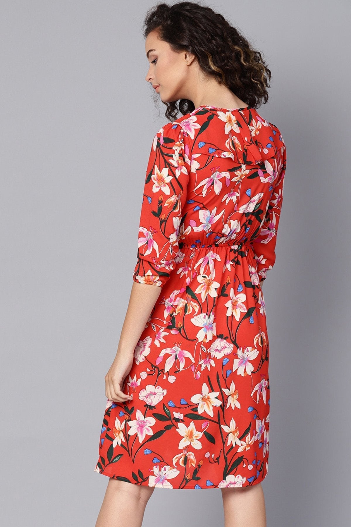 Women's Red Floral Midi Frill Neck Dress - SASSAFRAS