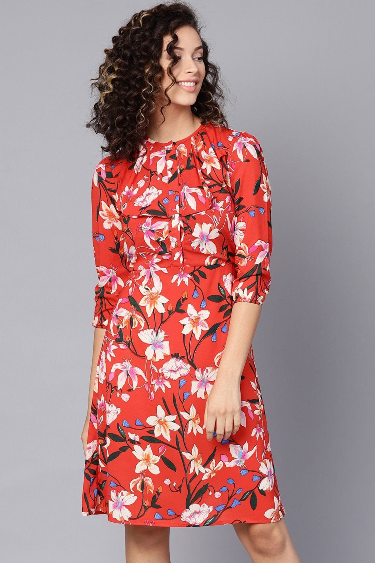 Women's Red Floral Midi Frill Neck Dress - SASSAFRAS