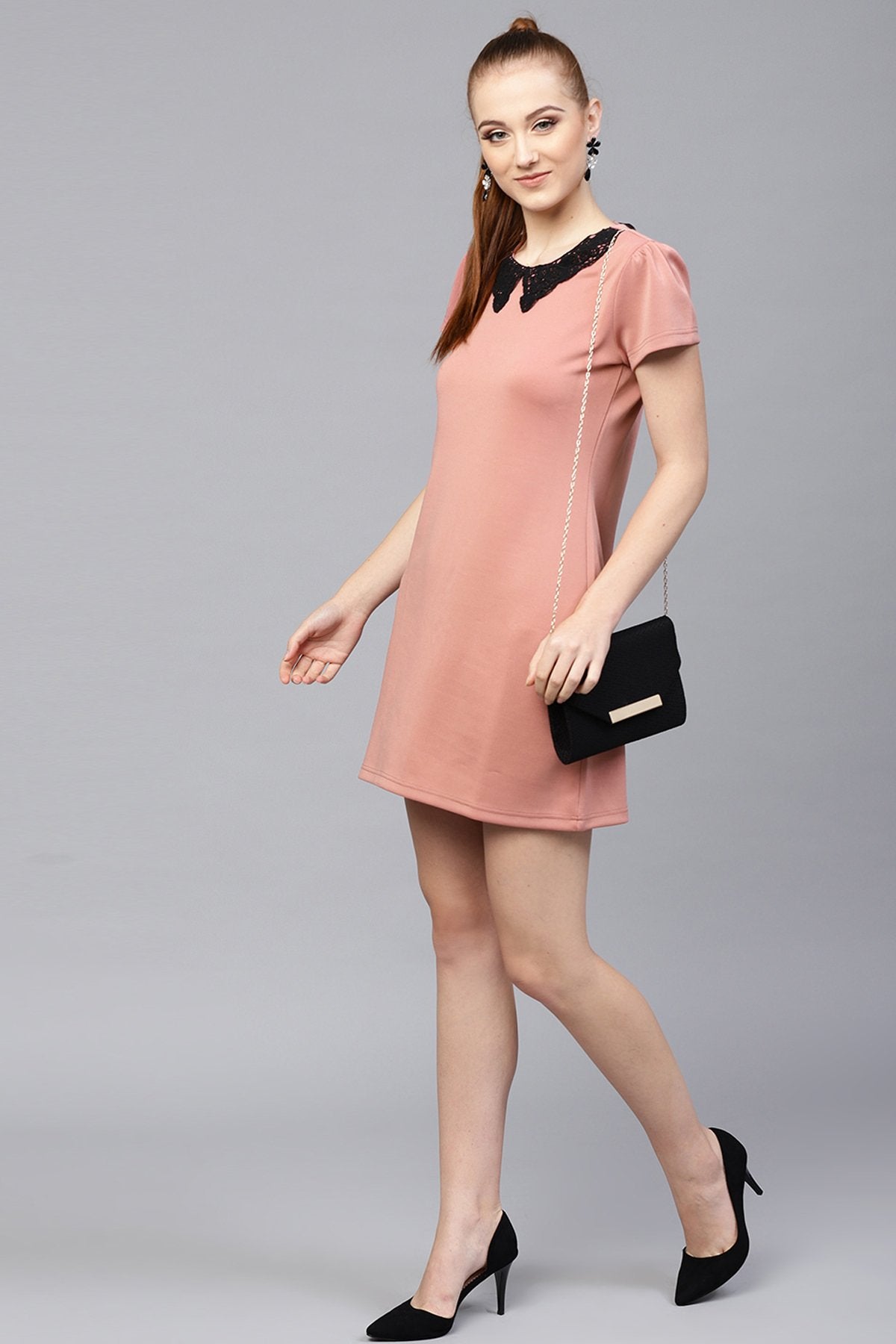 Women's Pink Scuba Lace Collar Shift Dress - SASSAFRAS