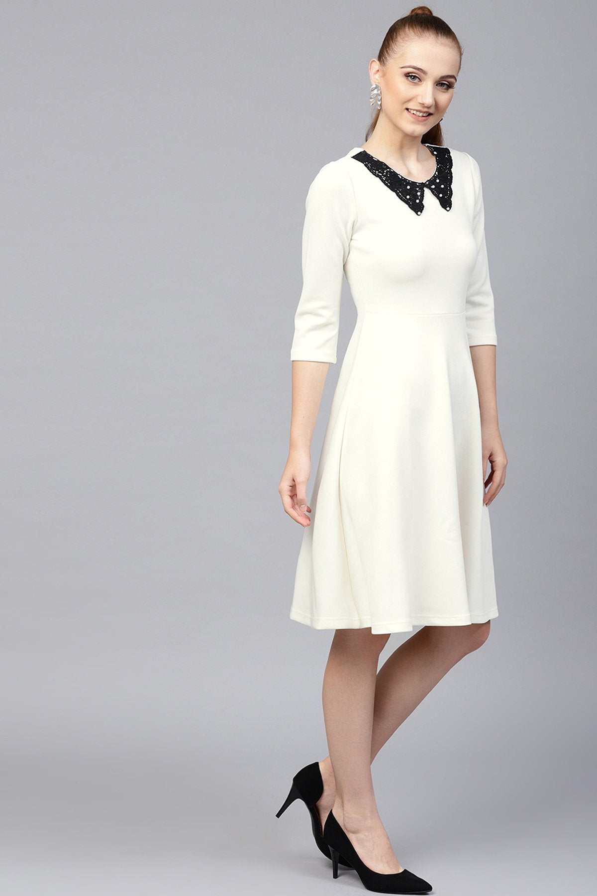 Women's Off White Scuba Lace Collar Midi Dress - SASSAFRAS