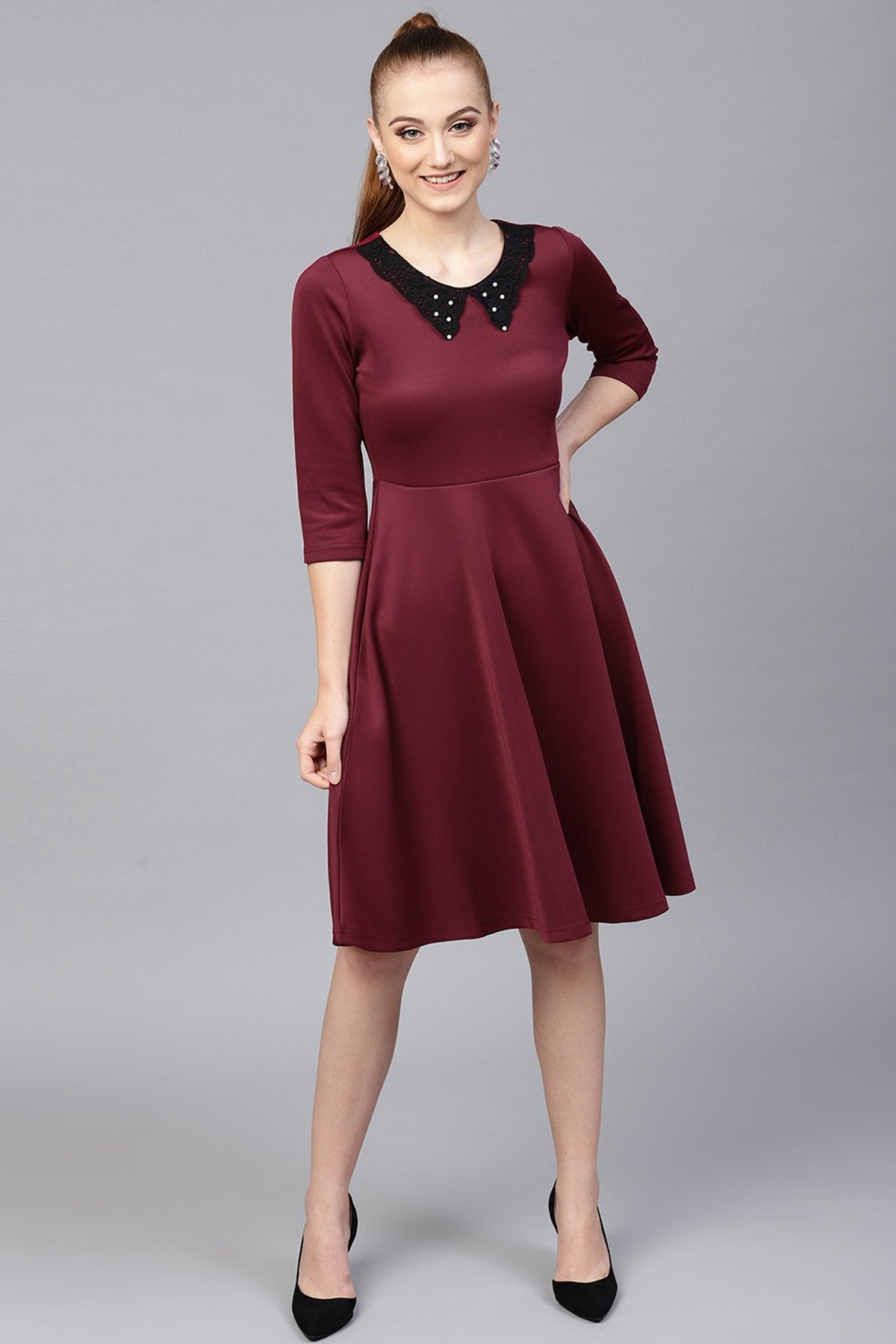 Women's Burgundy Scuba Lace Collar Midi Dress - SASSAFRAS