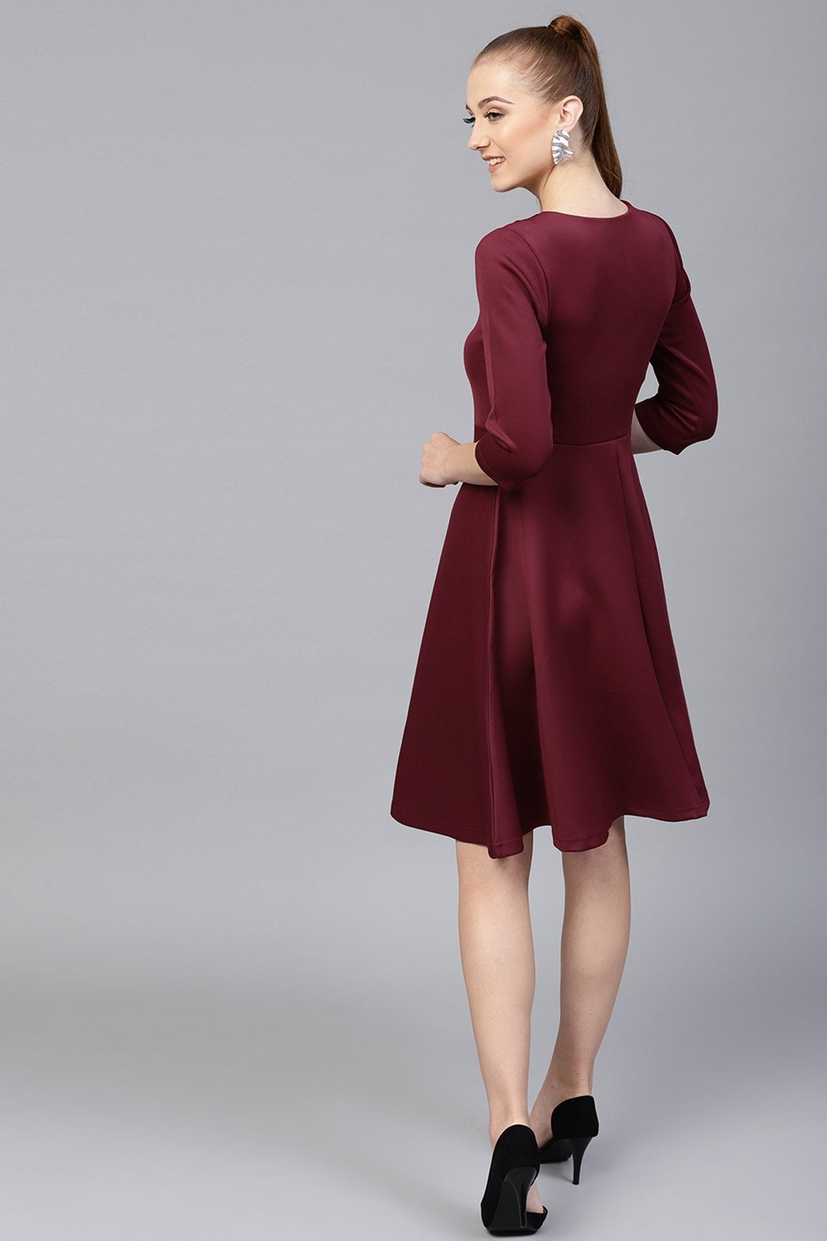 Women's Burgundy Scuba Lace Collar Midi Dress - SASSAFRAS