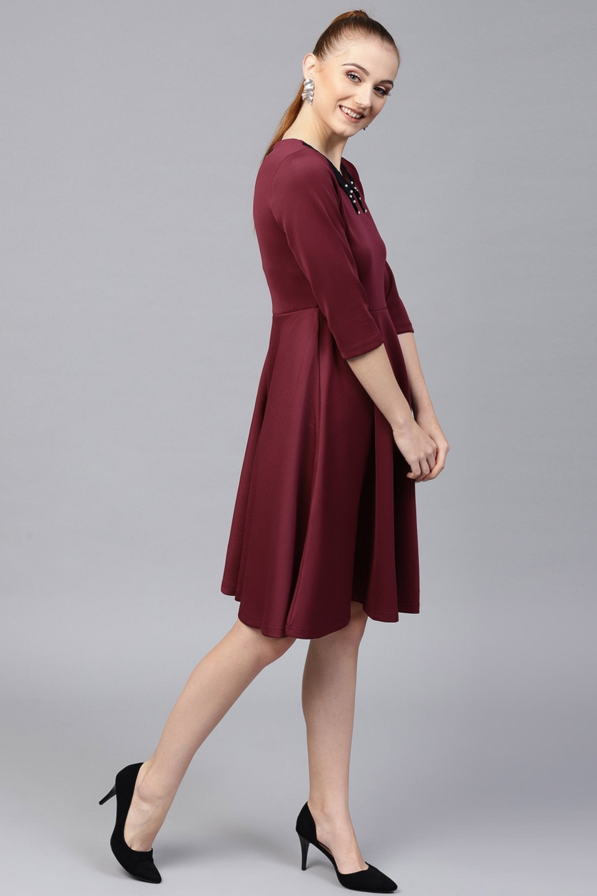 Women's Burgundy Scuba Lace Collar Midi Dress - SASSAFRAS