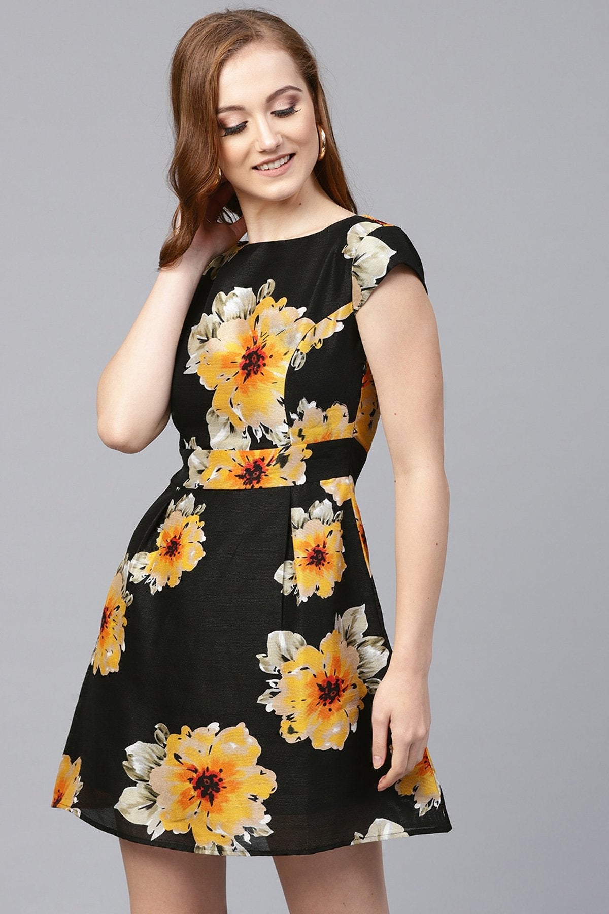 Women's Black Floral Silk Skater Dress - SASSAFRAS