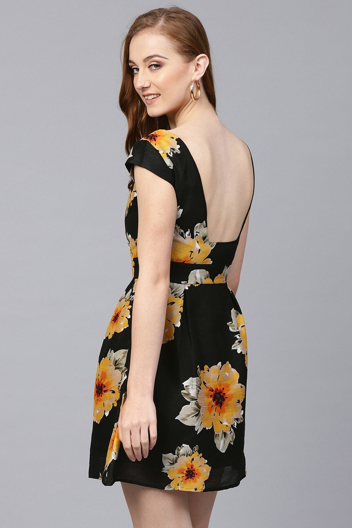 Women's Black Floral Silk Skater Dress - SASSAFRAS