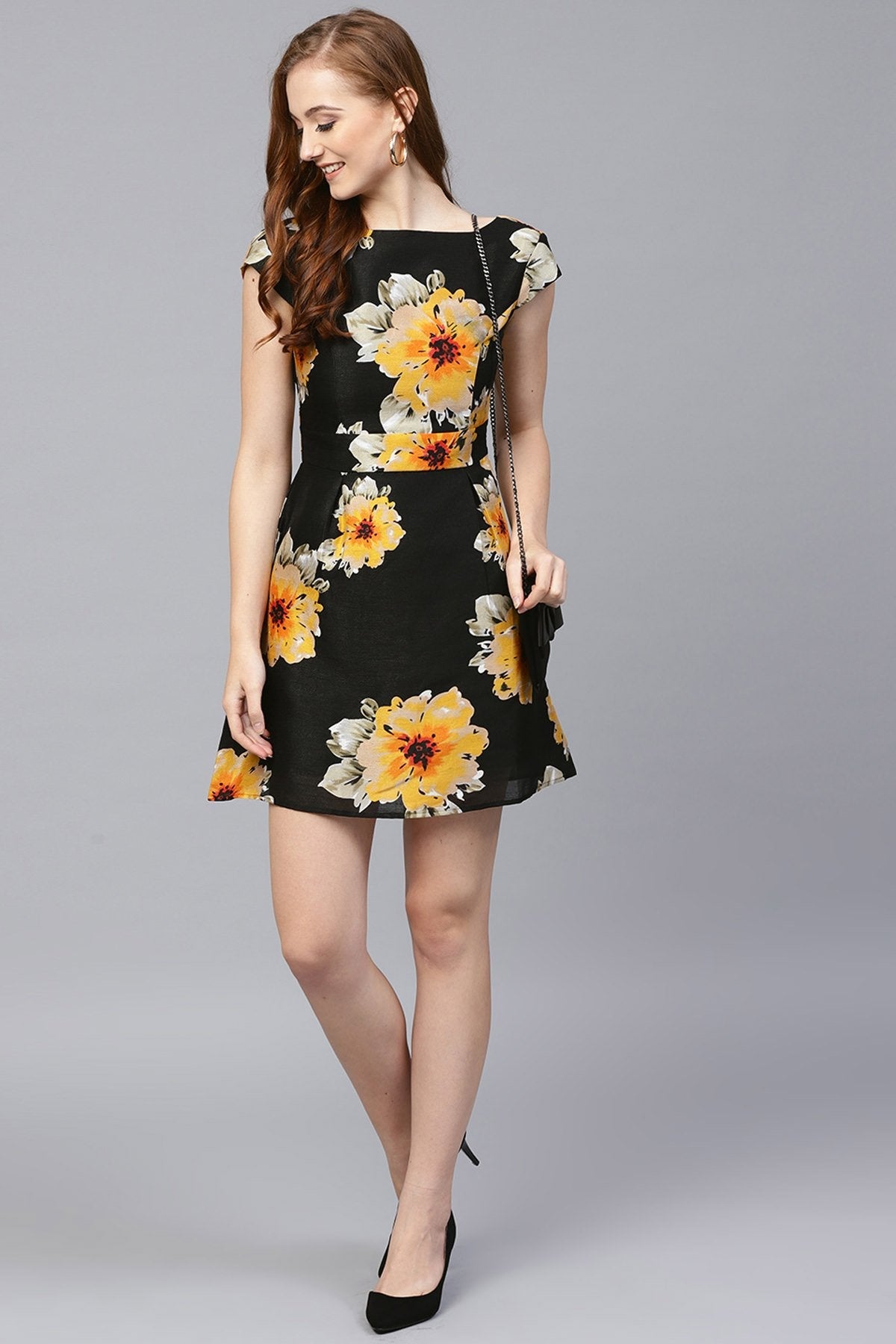 Women's Black Floral Silk Skater Dress - SASSAFRAS