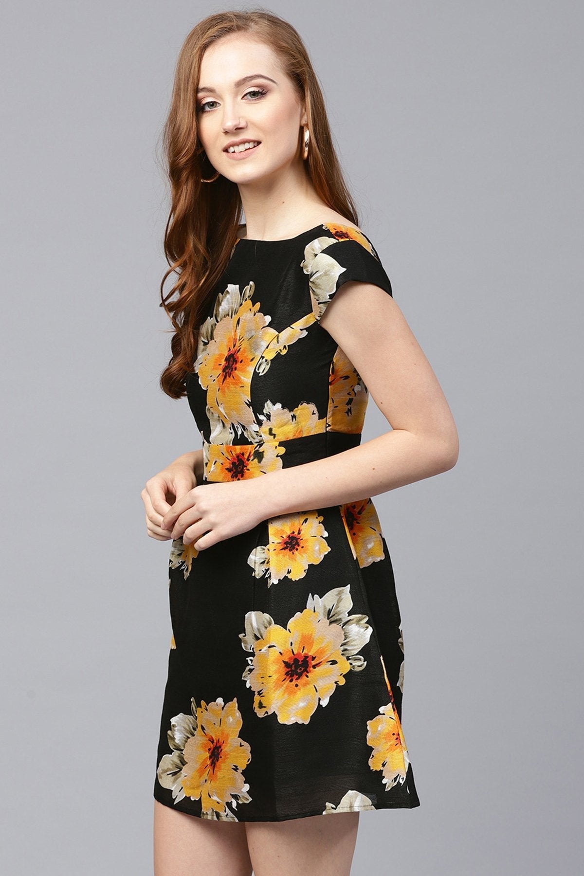 Women's Black Floral Silk Skater Dress - SASSAFRAS