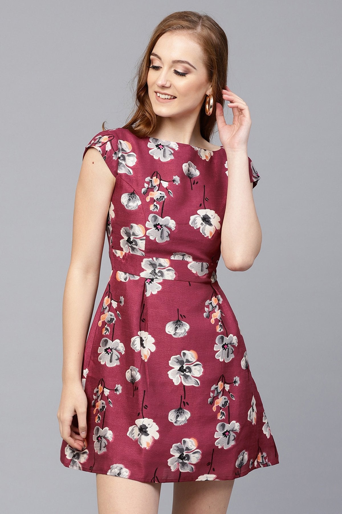 Women's Burgundy Floral Silk Skater Dress - SASSAFRAS