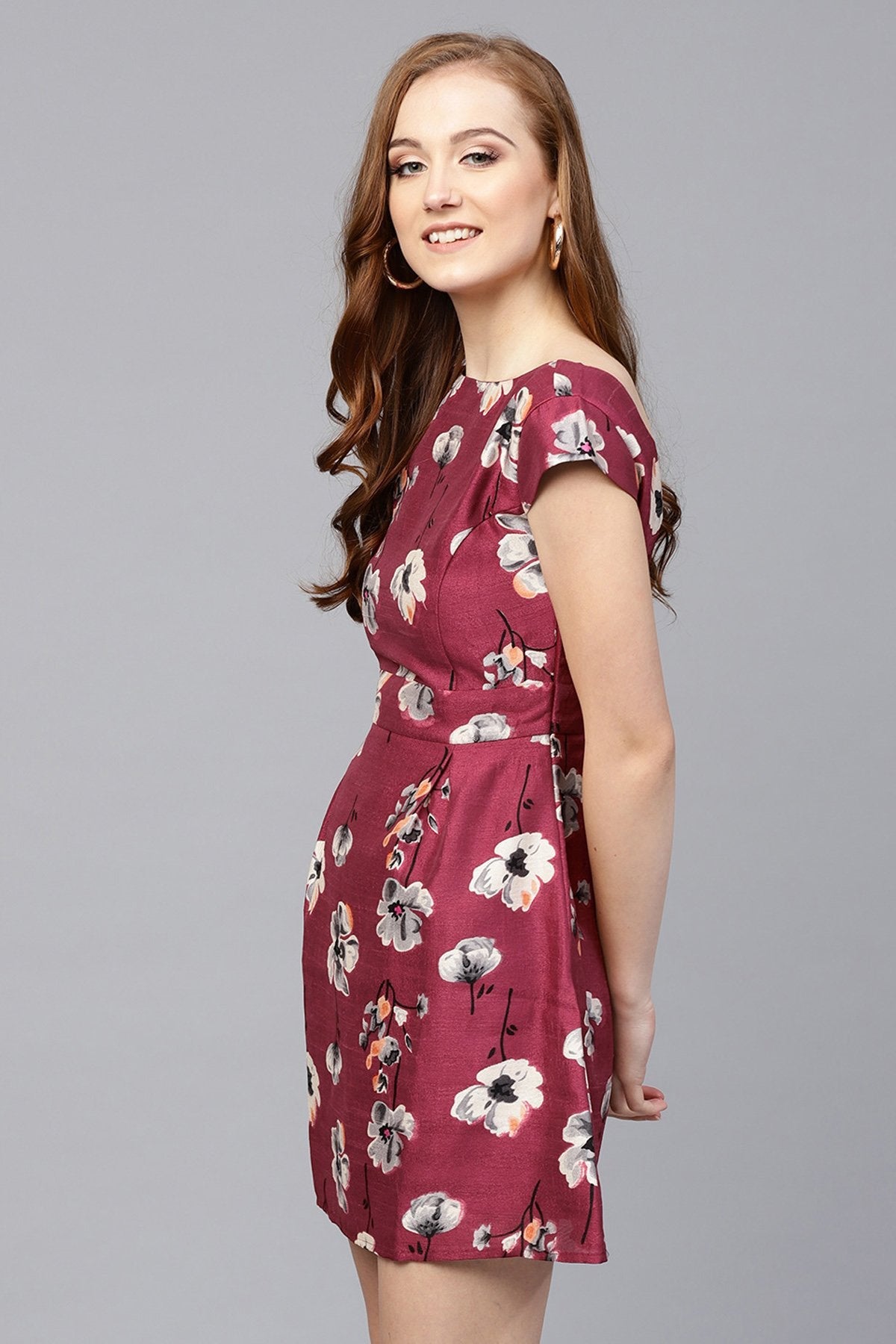 Women's Burgundy Floral Silk Skater Dress - SASSAFRAS