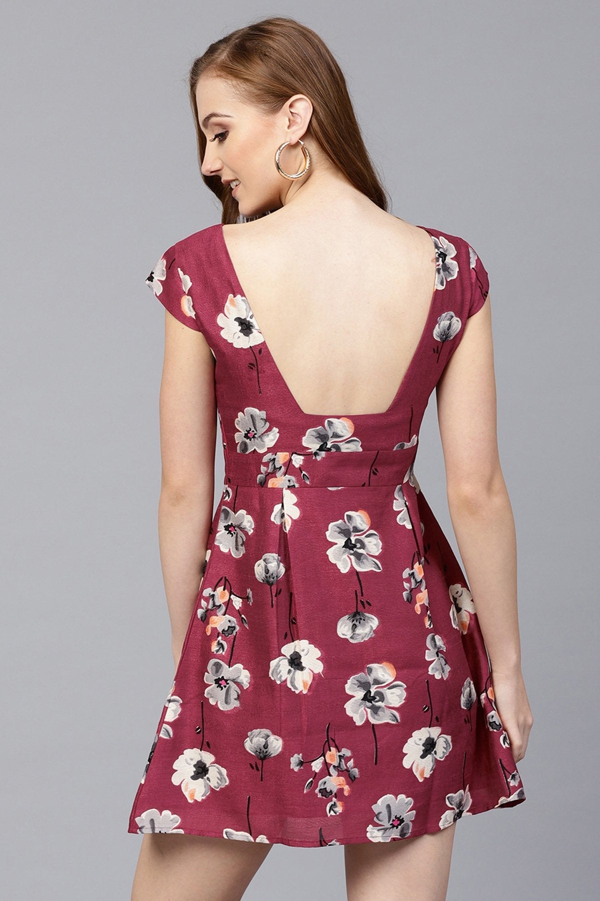 Women's Burgundy Floral Silk Skater Dress - SASSAFRAS