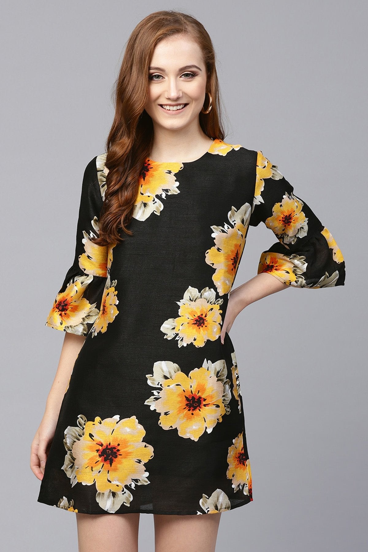 Women's Black Floral Silk Sleeve Ruffle Dress - SASSAFRAS