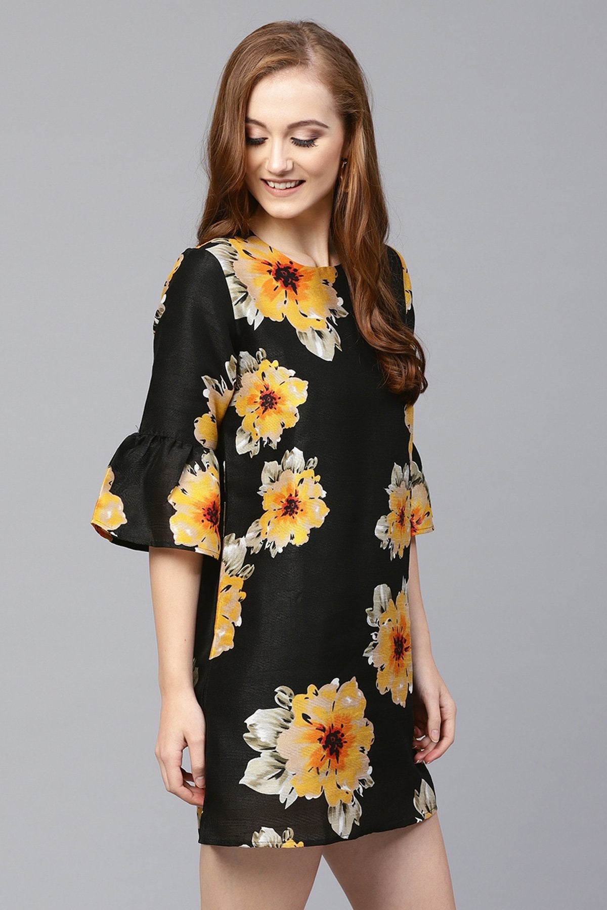 Women's Black Floral Silk Sleeve Ruffle Dress - SASSAFRAS