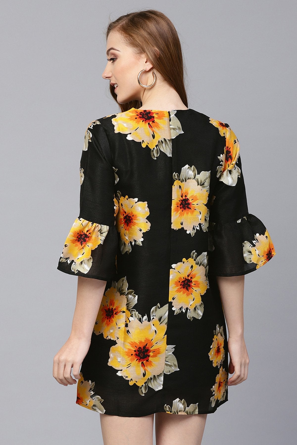 Women's Black Floral Silk Sleeve Ruffle Dress - SASSAFRAS