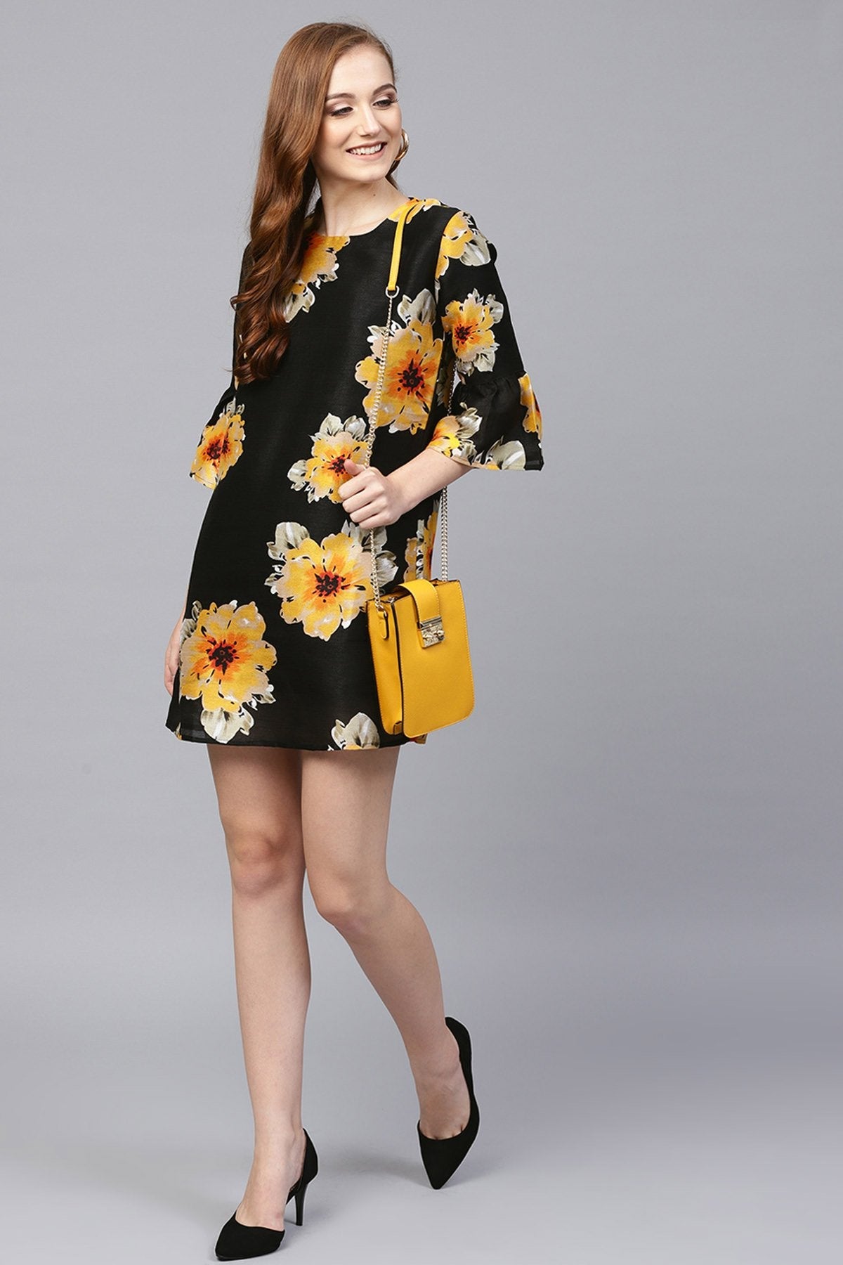 Women's Black Floral Silk Sleeve Ruffle Dress - SASSAFRAS