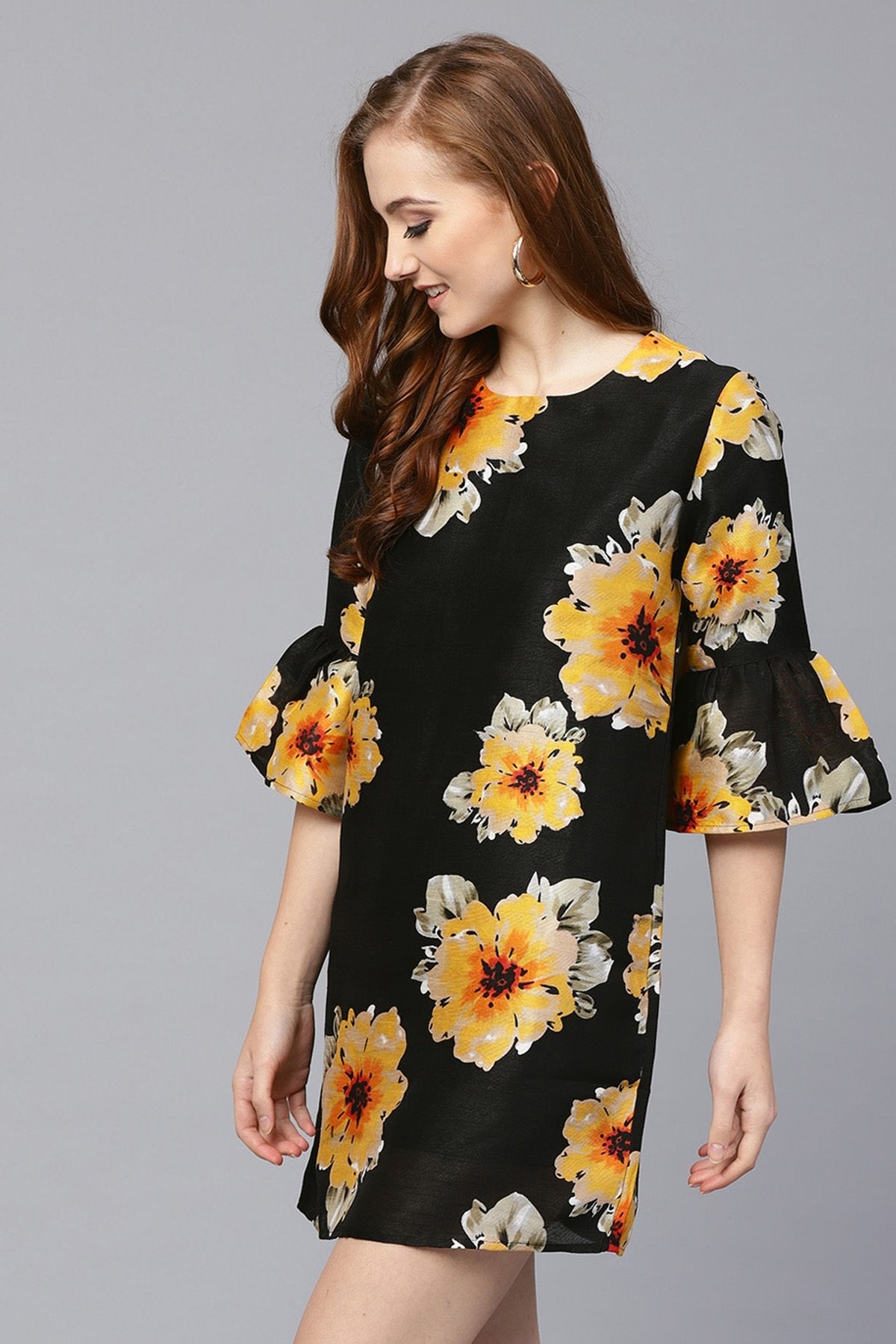 Women's Black Floral Silk Sleeve Ruffle Dress - SASSAFRAS