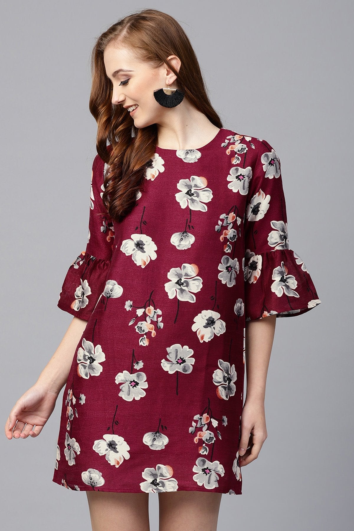 Women's Burgundy Floral Silk Sleeve Ruffle Dress - SASSAFRAS