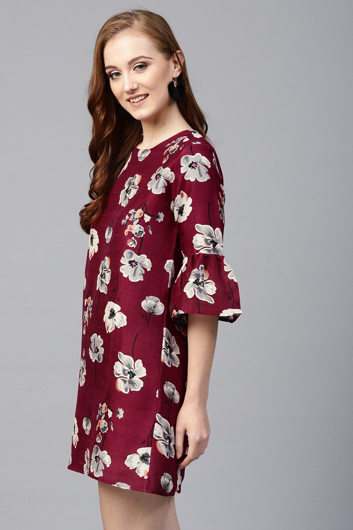 Women's Burgundy Floral Silk Sleeve Ruffle Dress - SASSAFRAS