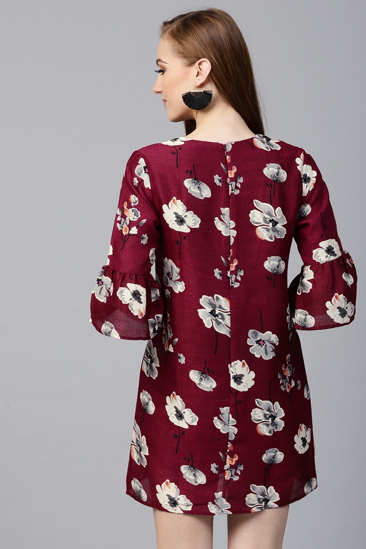 Women's Burgundy Floral Silk Sleeve Ruffle Dress - SASSAFRAS