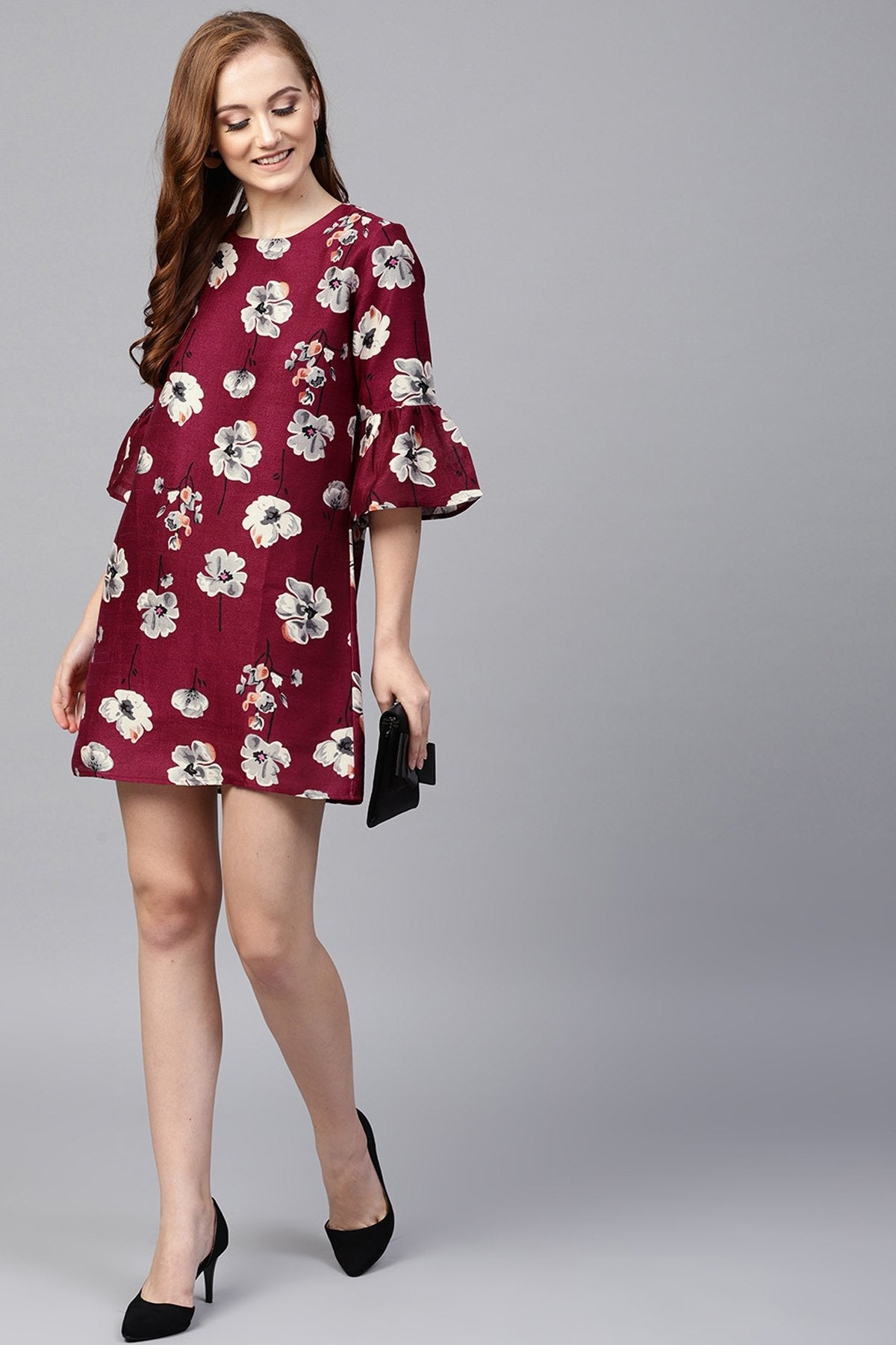 Women's Burgundy Floral Silk Sleeve Ruffle Dress - SASSAFRAS