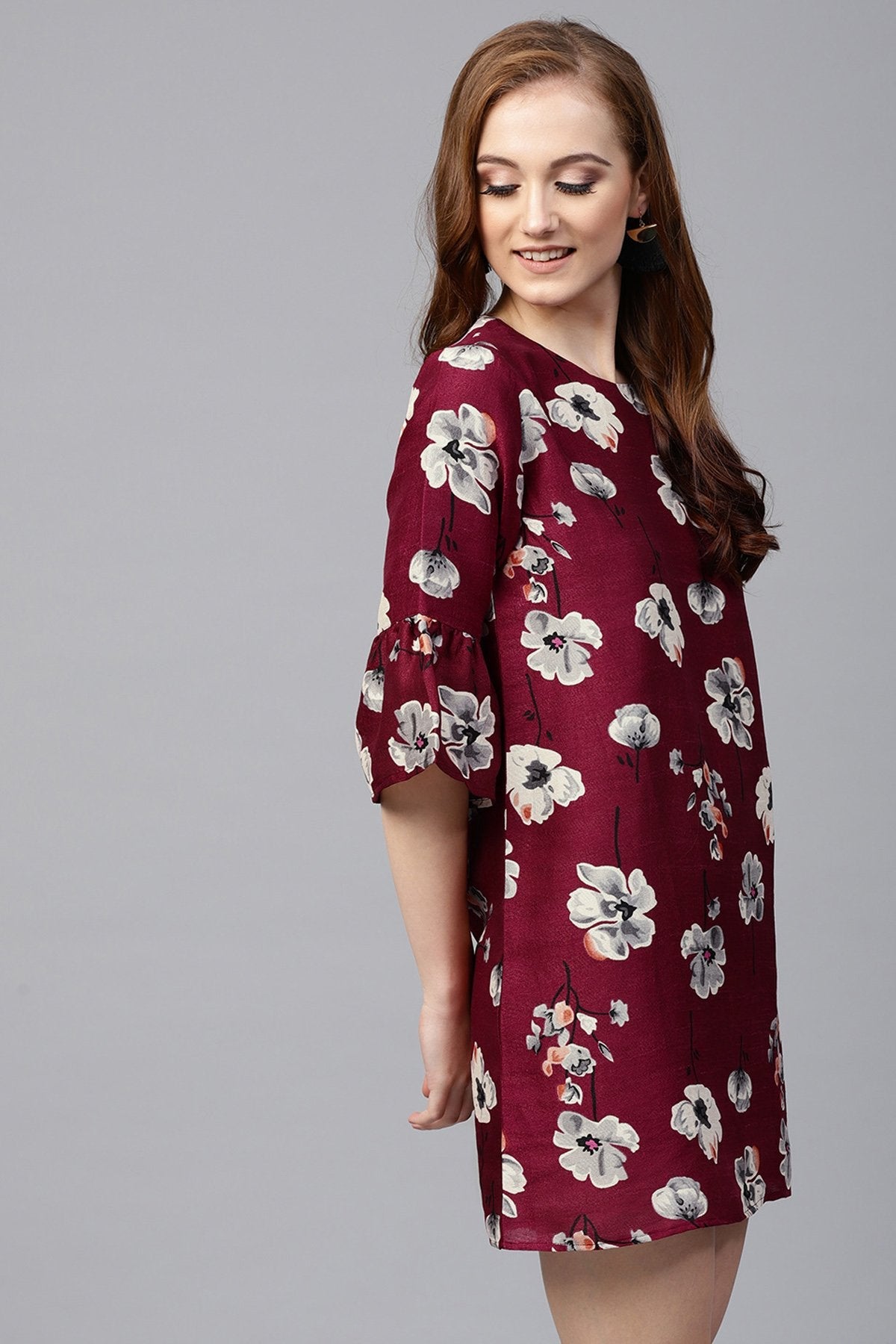 Women's Burgundy Floral Silk Sleeve Ruffle Dress - SASSAFRAS