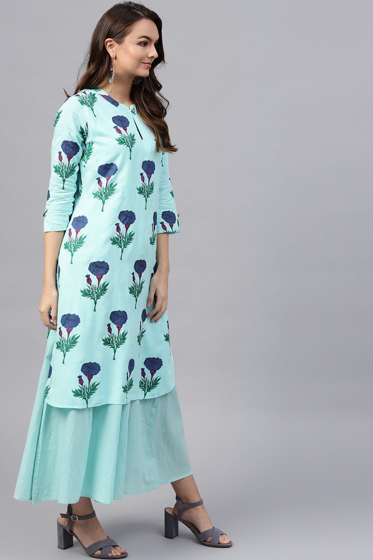 Women's Blue Floral Flared Layered Maxi - SASSAFRAS