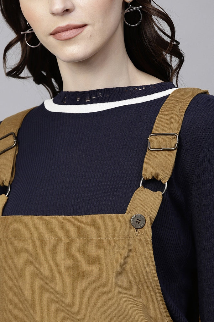 Women's Brown Kangaroo Pocket Corduroy Pinafore