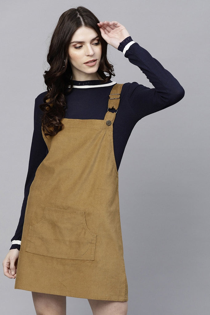 Women's Brown Kangaroo Pocket Corduroy Pinafore