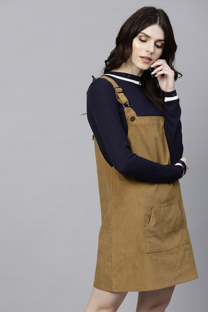 Women's Brown Kangaroo Pocket Corduroy Pinafore