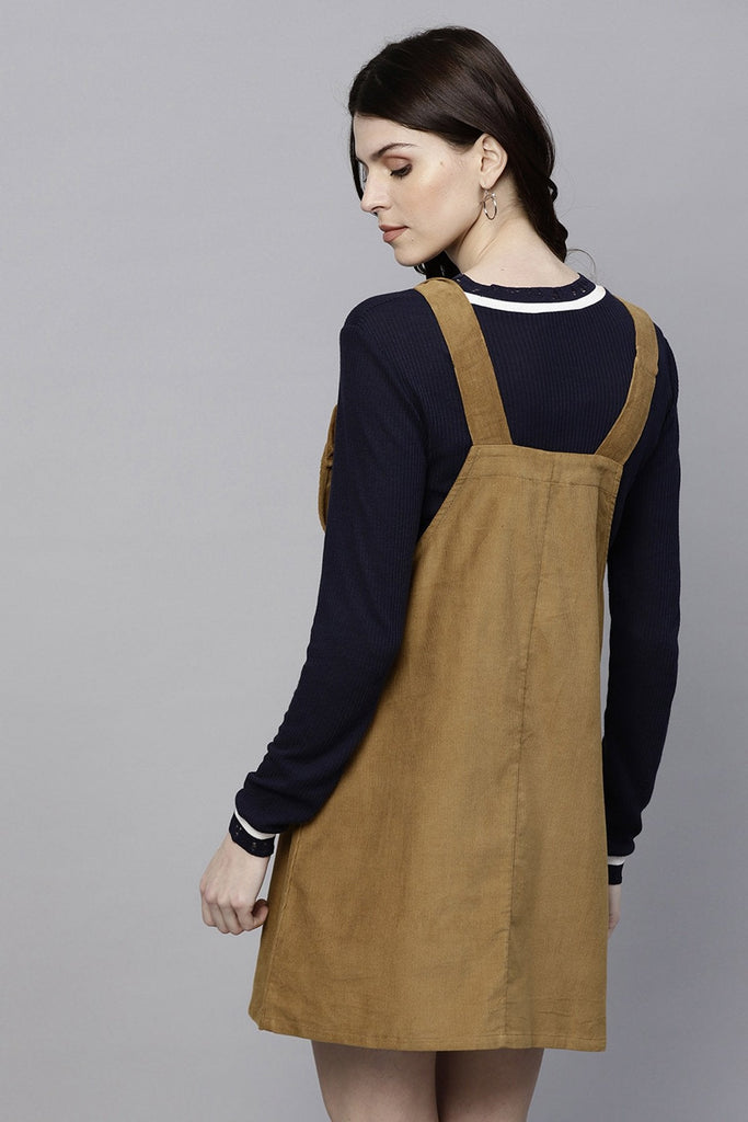 Women's Brown Kangaroo Pocket Corduroy Pinafore