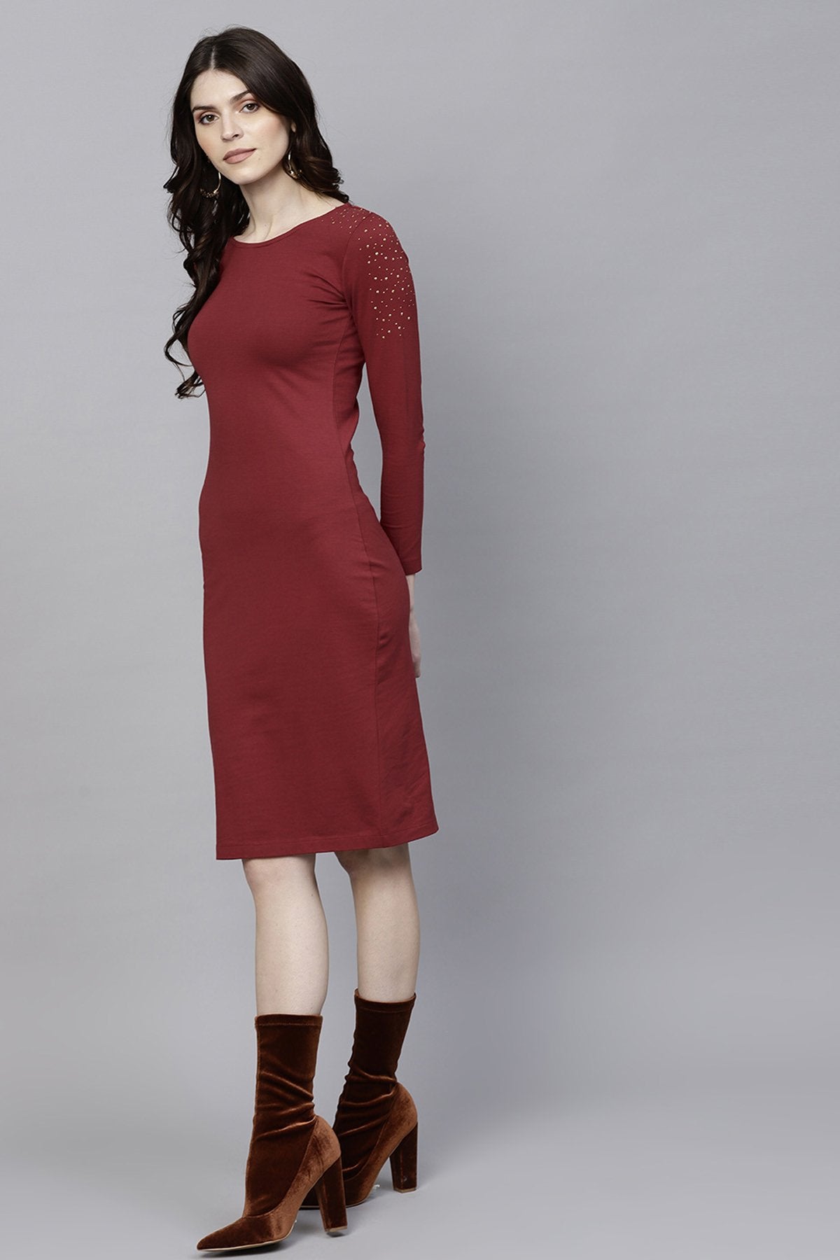 Women's Maroon Bodycon Studded Dress - SASSAFRAS
