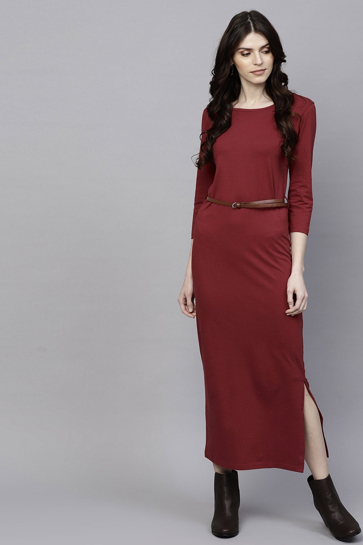 Women's Maroon Maxi Dress With Belt - SASSAFRAS