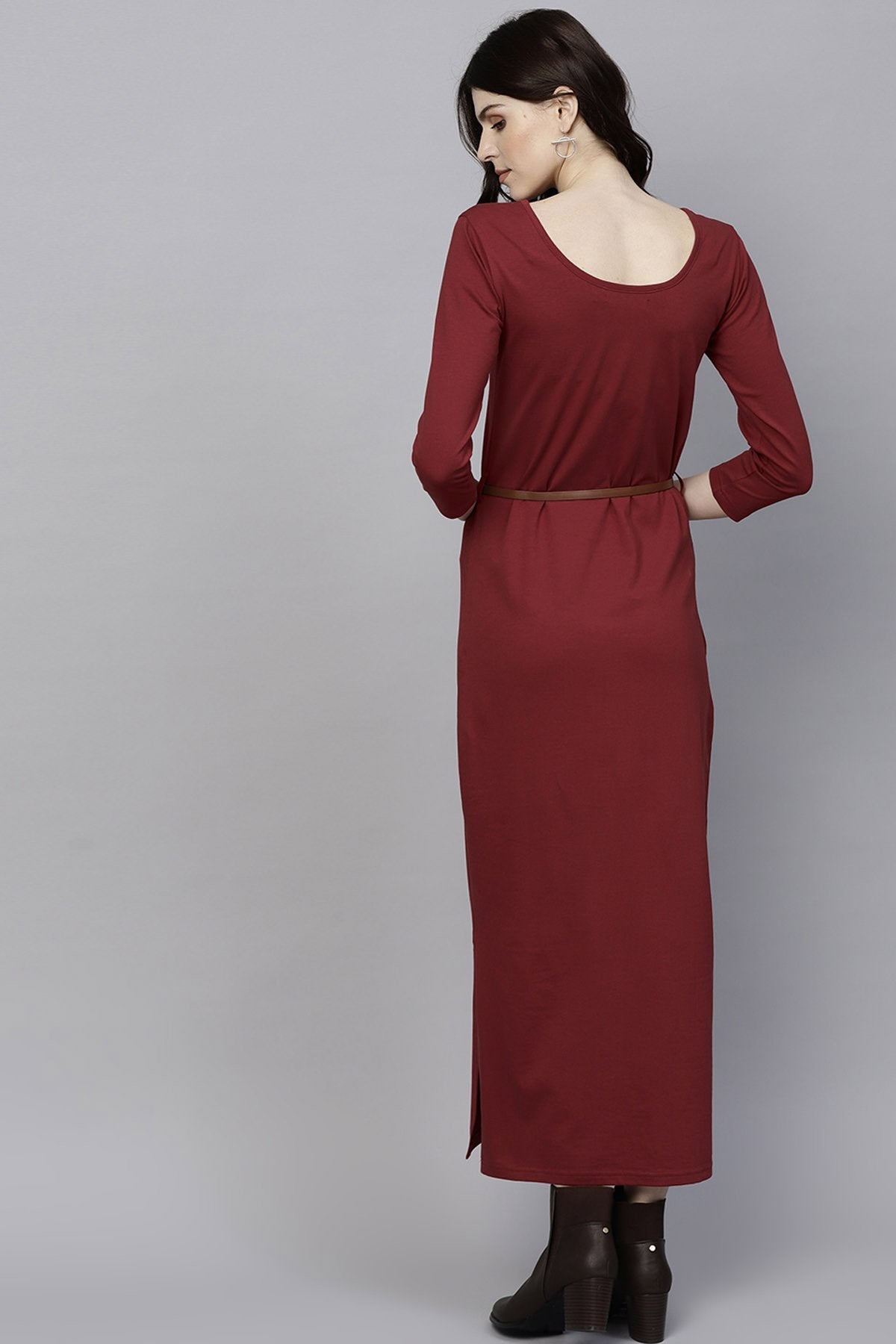 Women's Maroon Maxi Dress With Belt - SASSAFRAS