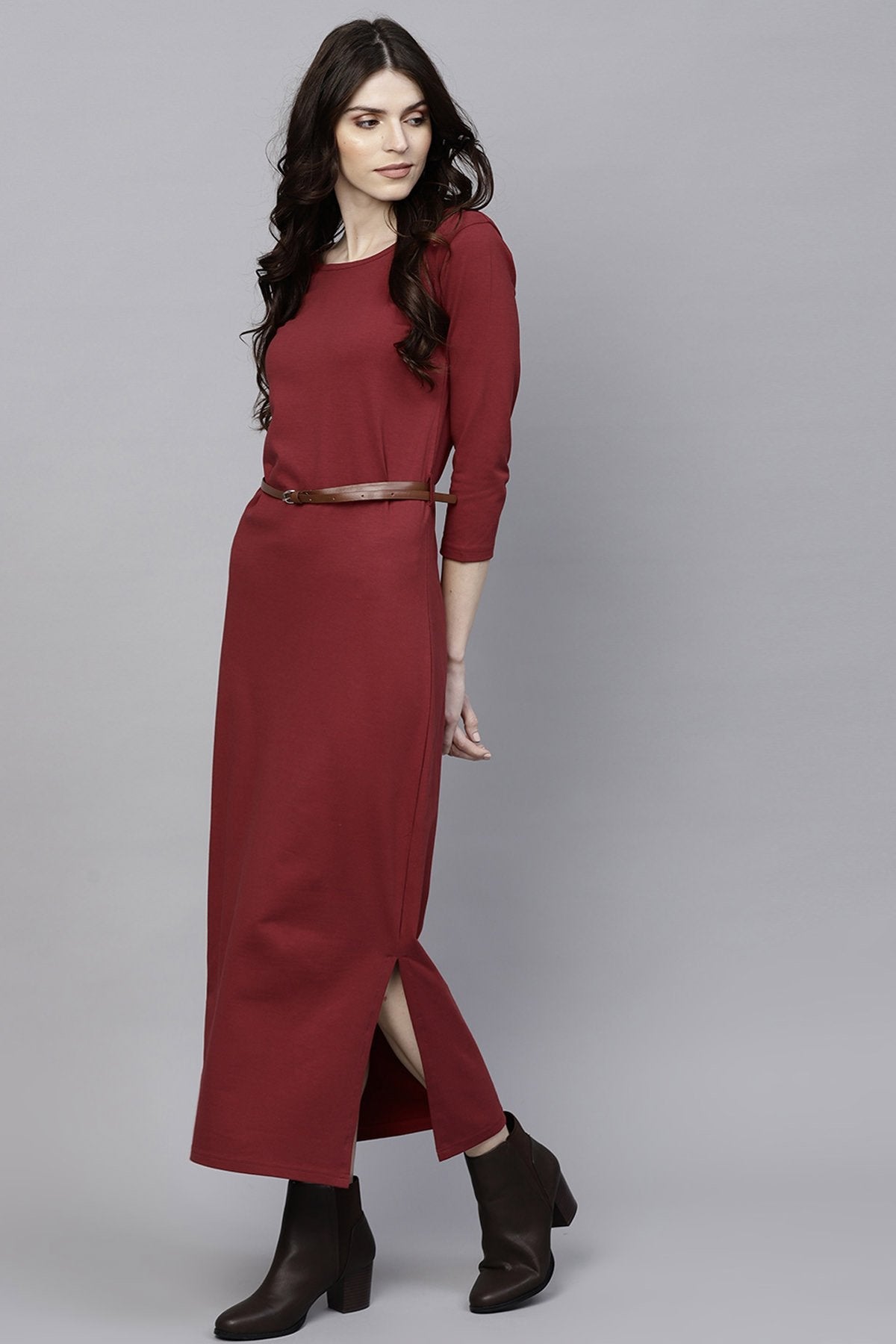 Women's Maroon Maxi Dress With Belt - SASSAFRAS