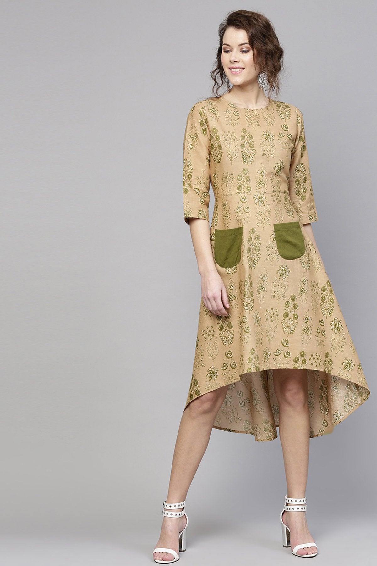 Women's Golden Beige Floral High Low Dress - SASSAFRAS