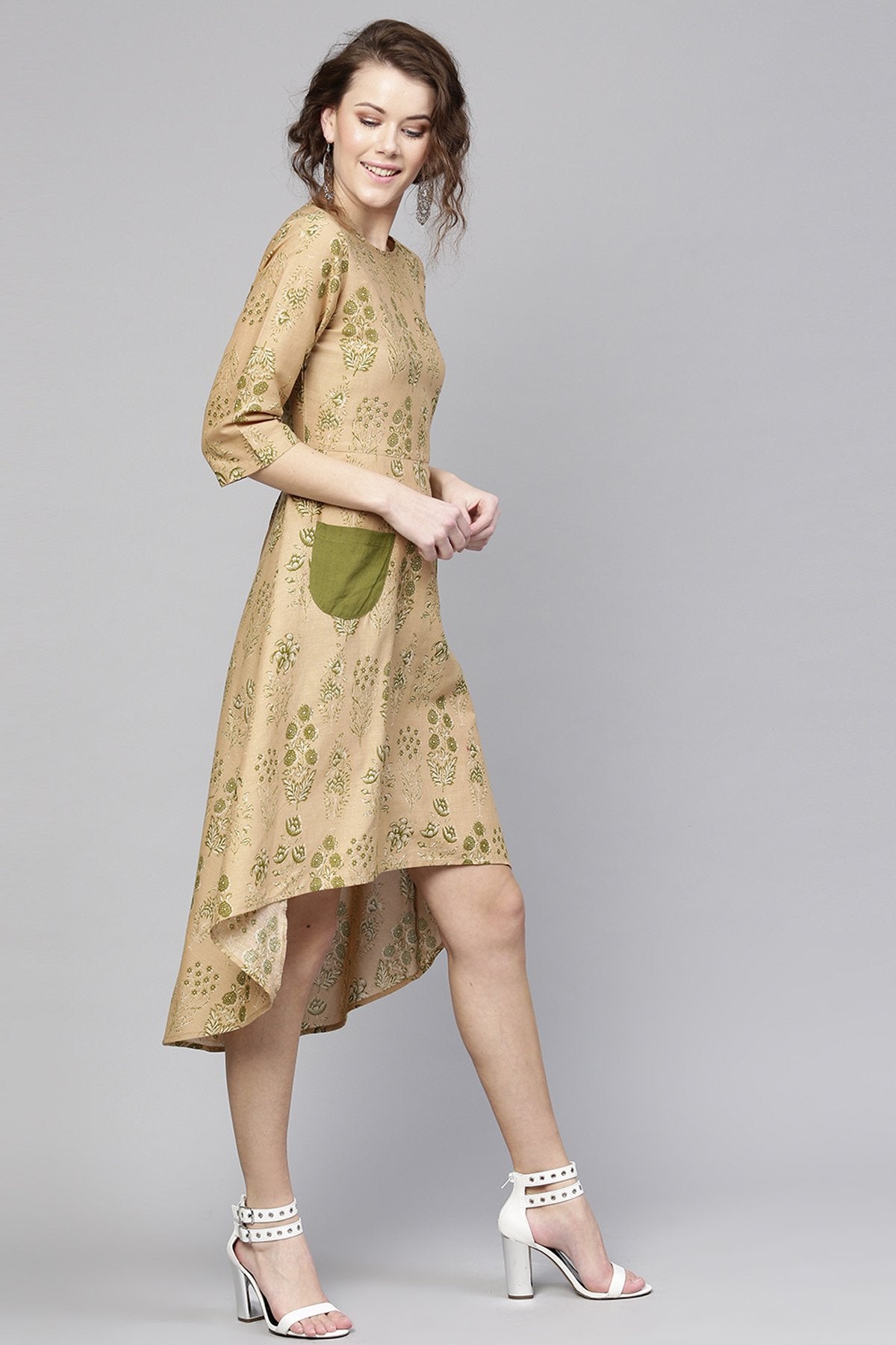 Women's Golden Beige Floral High Low Dress - SASSAFRAS