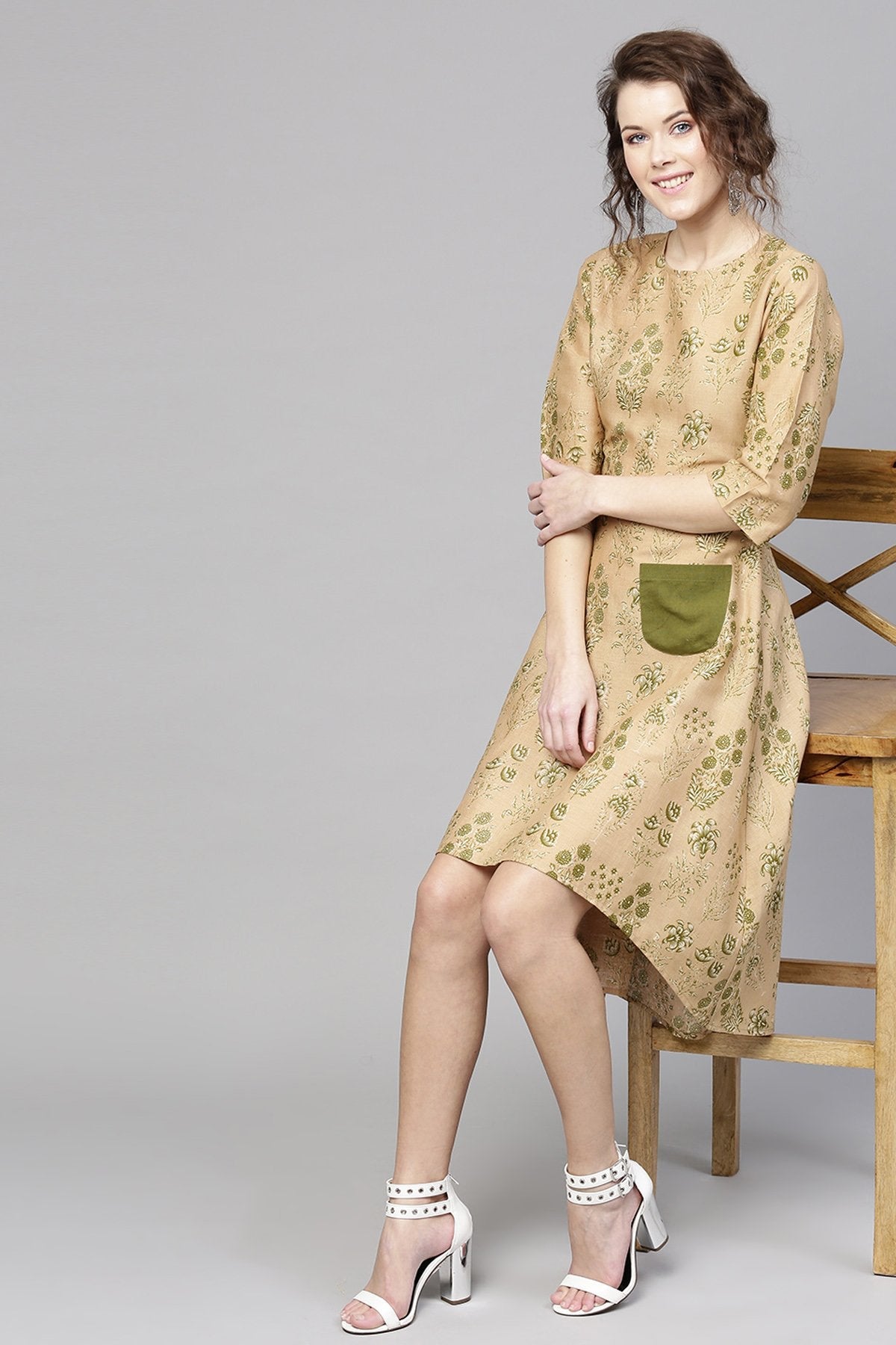 Women's Golden Beige Floral High Low Dress - SASSAFRAS