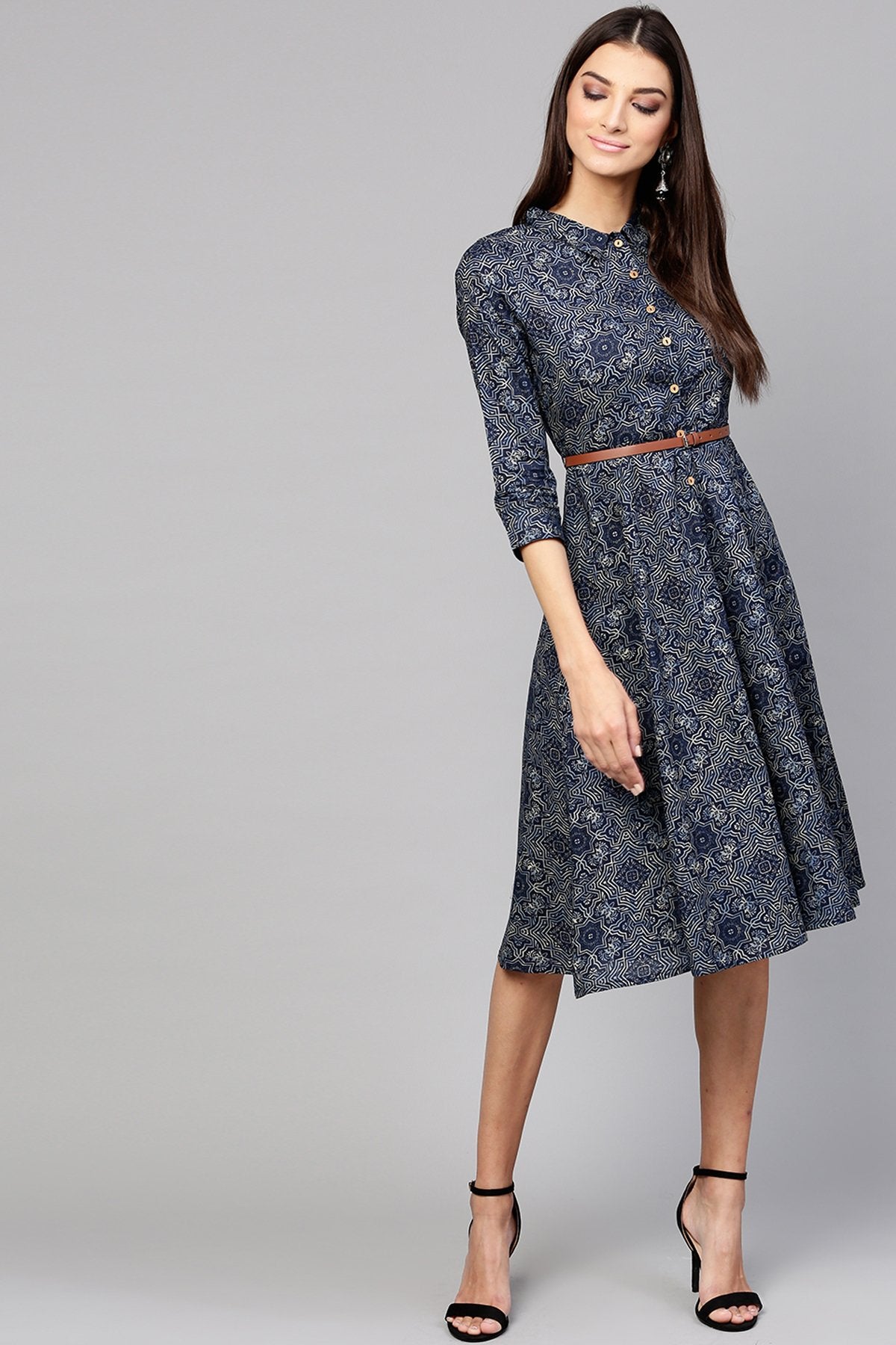 Women's Indigo Geo Print Belted Shirt Dress - SASSAFRAS