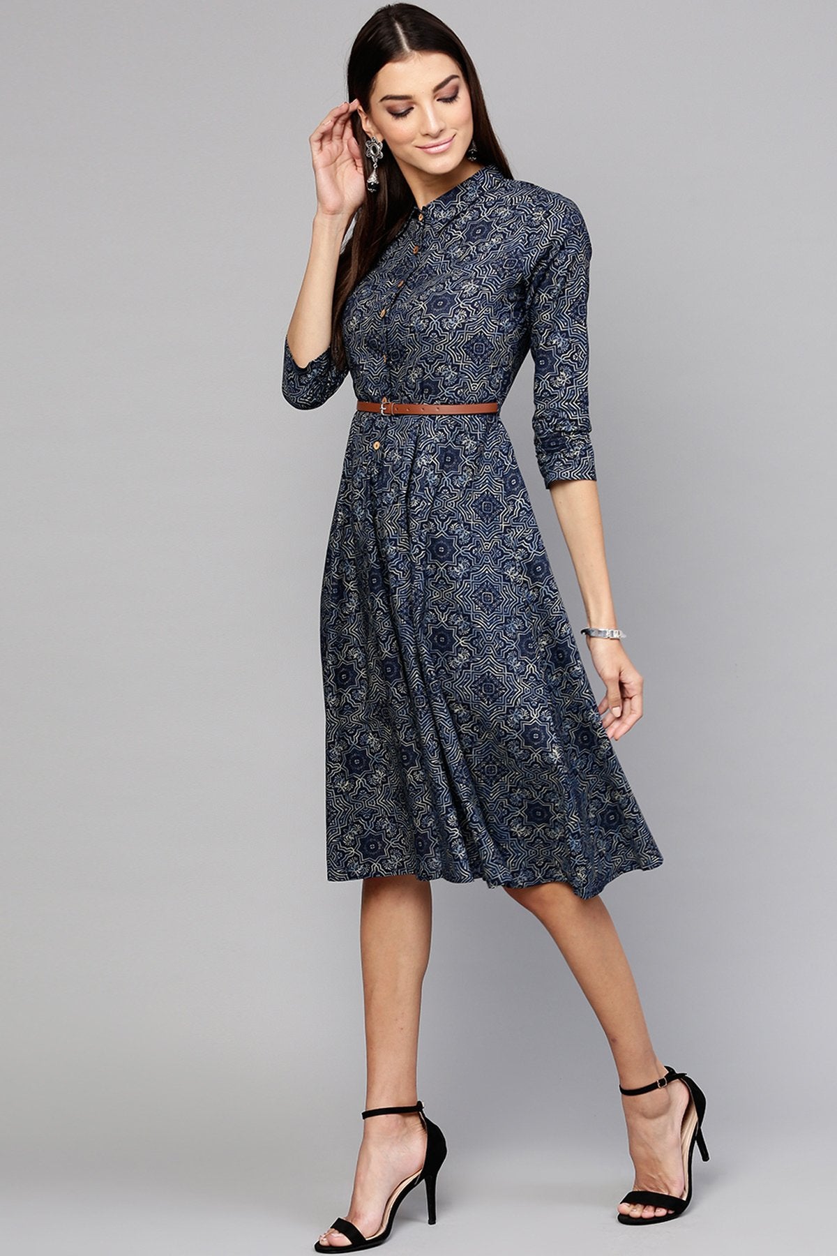 Women's Indigo Geo Print Belted Shirt Dress - SASSAFRAS