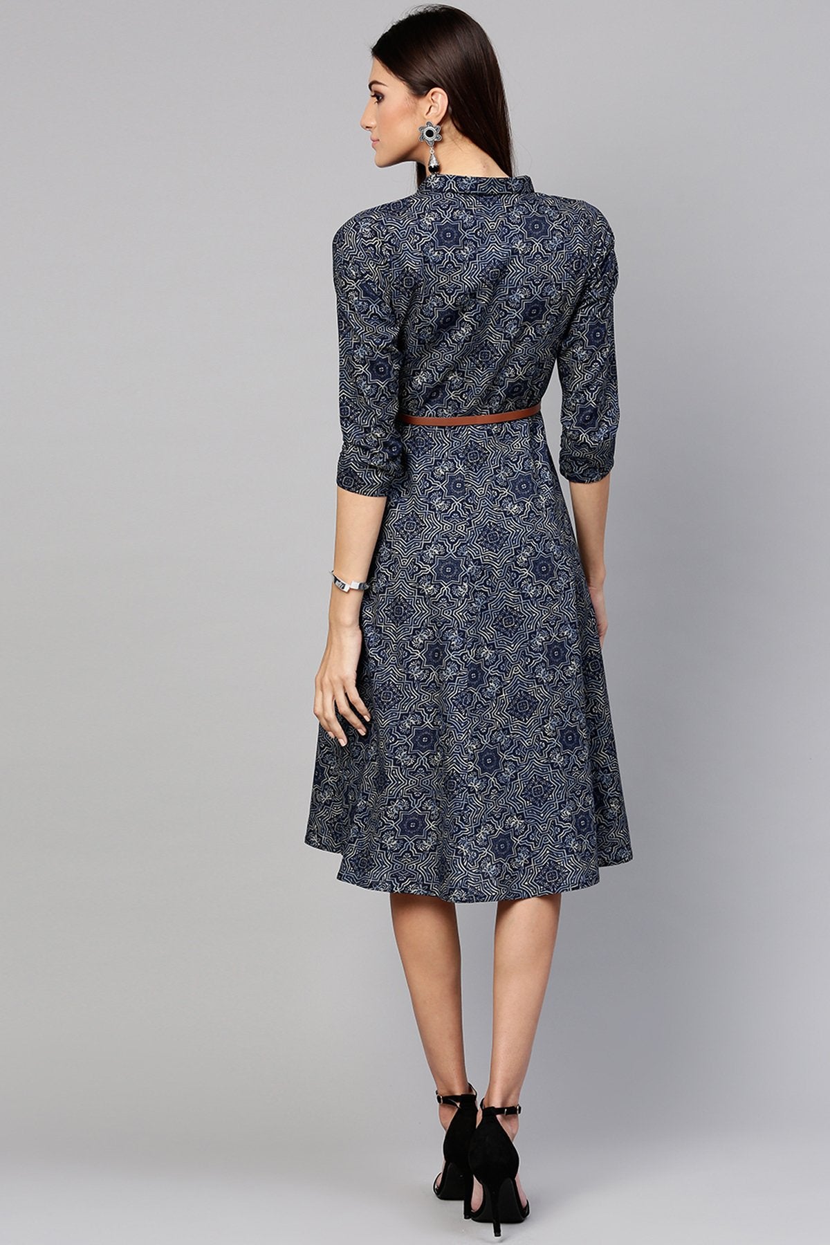 Women's Indigo Geo Print Belted Shirt Dress - SASSAFRAS