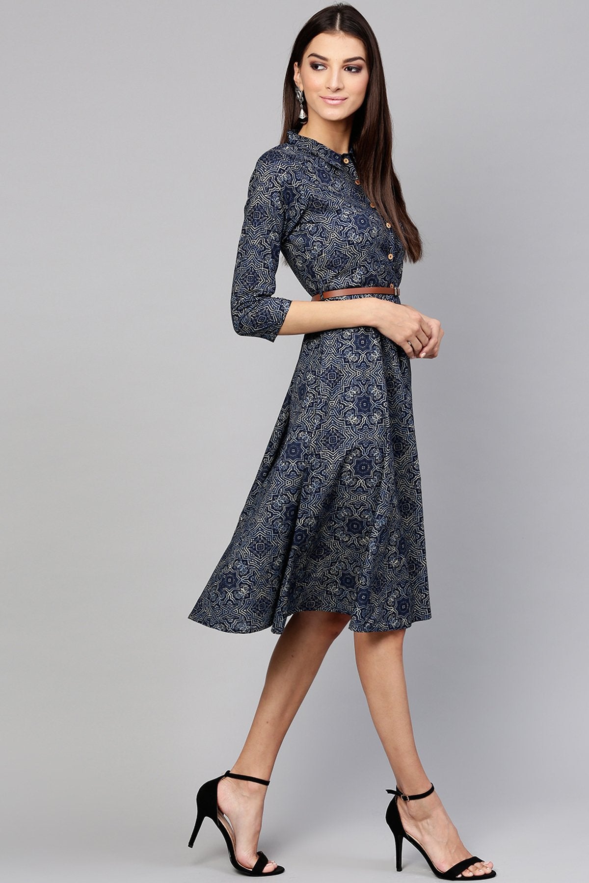 Women's Indigo Geo Print Belted Shirt Dress - SASSAFRAS