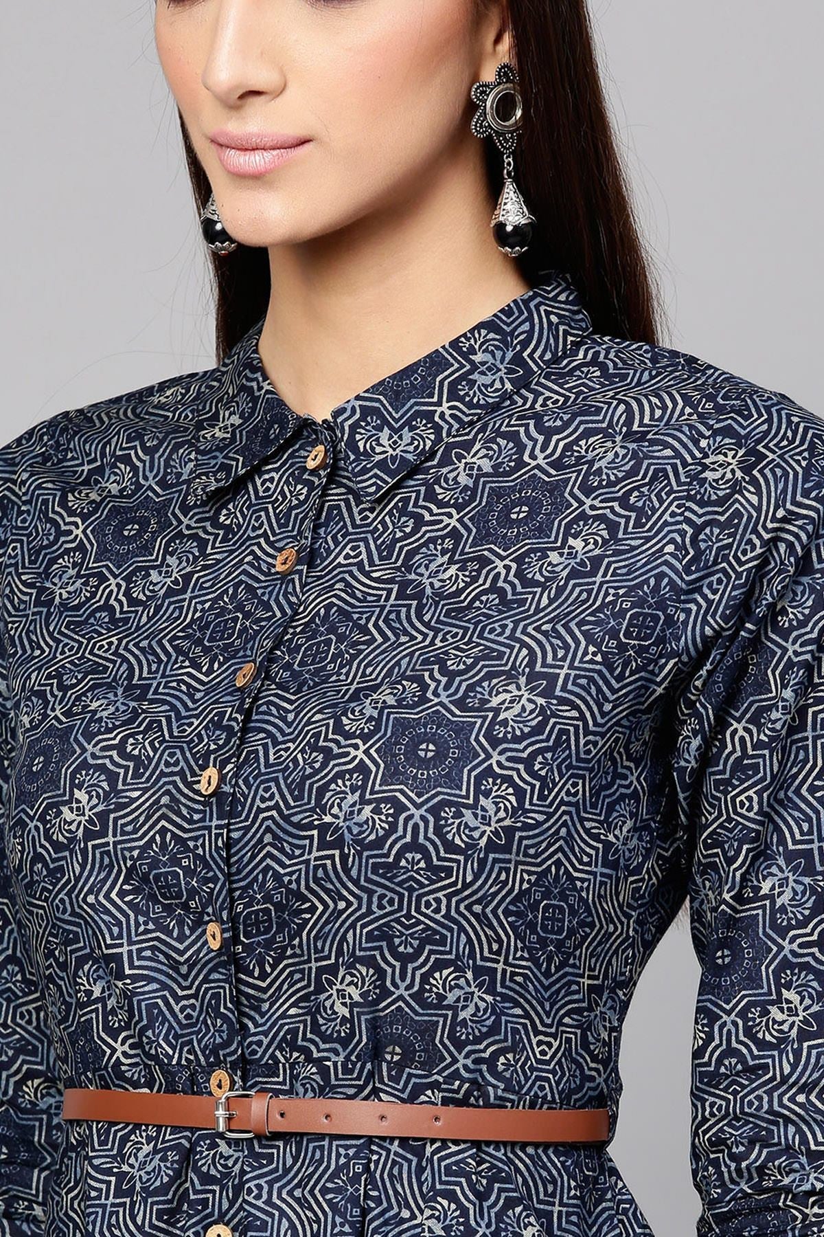 Women's Indigo Geo Print Belted Shirt Dress - SASSAFRAS