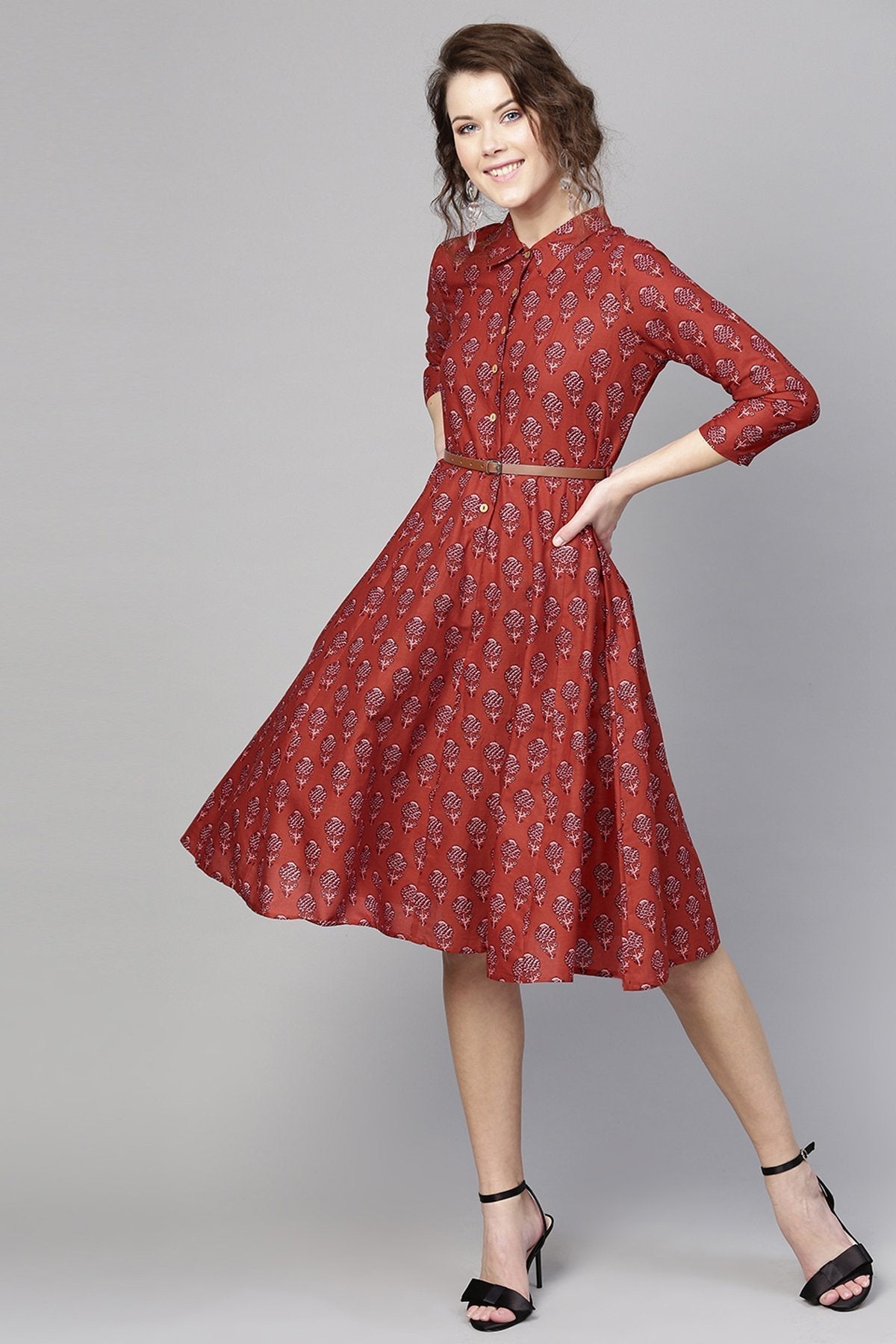 Women's Red Floral Belted Shirt Dress - SASSAFRAS