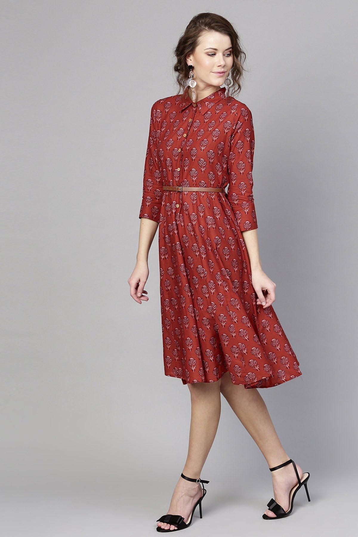 Women's Red Floral Belted Shirt Dress - SASSAFRAS