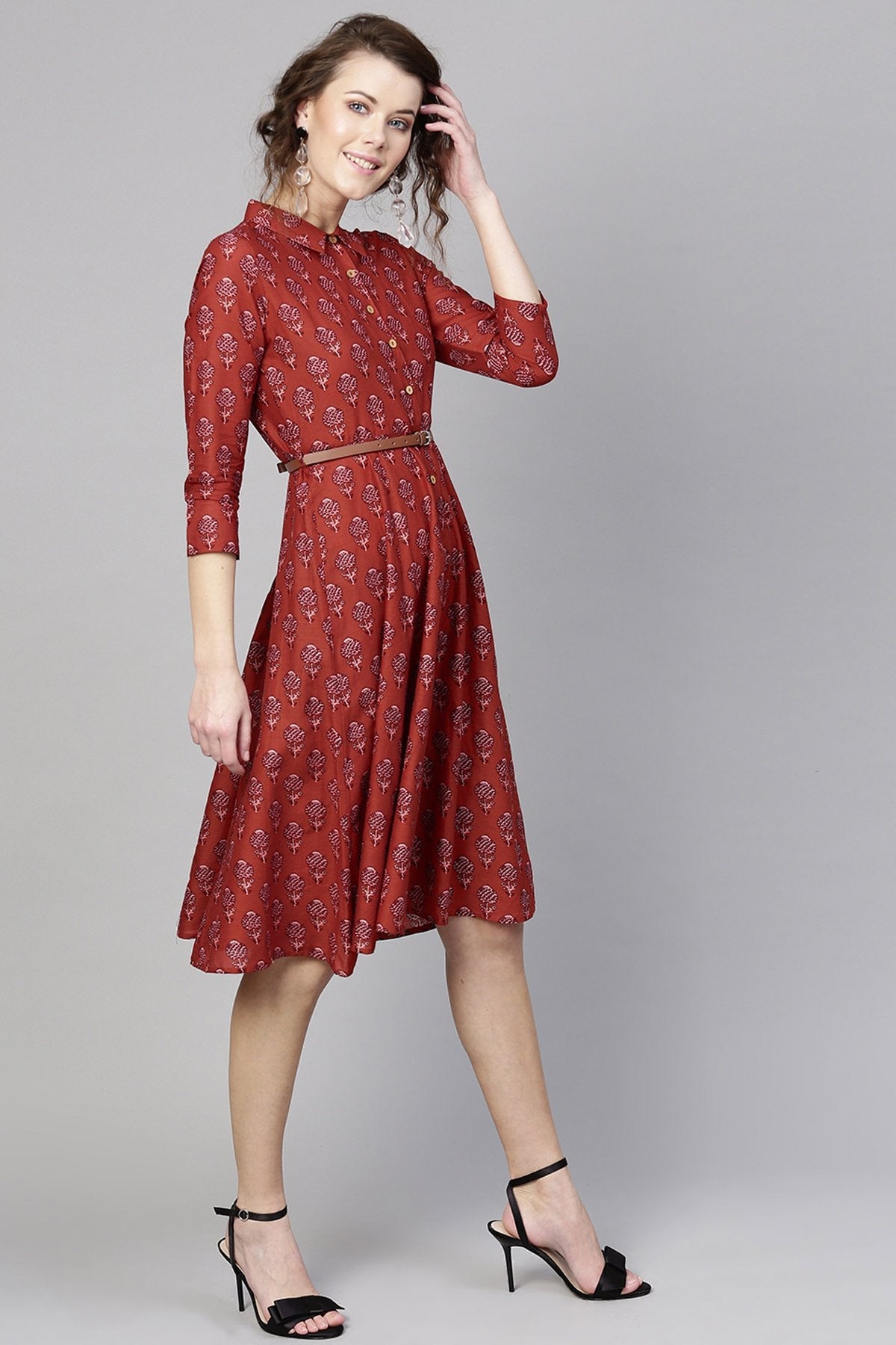 Women's Red Floral Belted Shirt Dress - SASSAFRAS