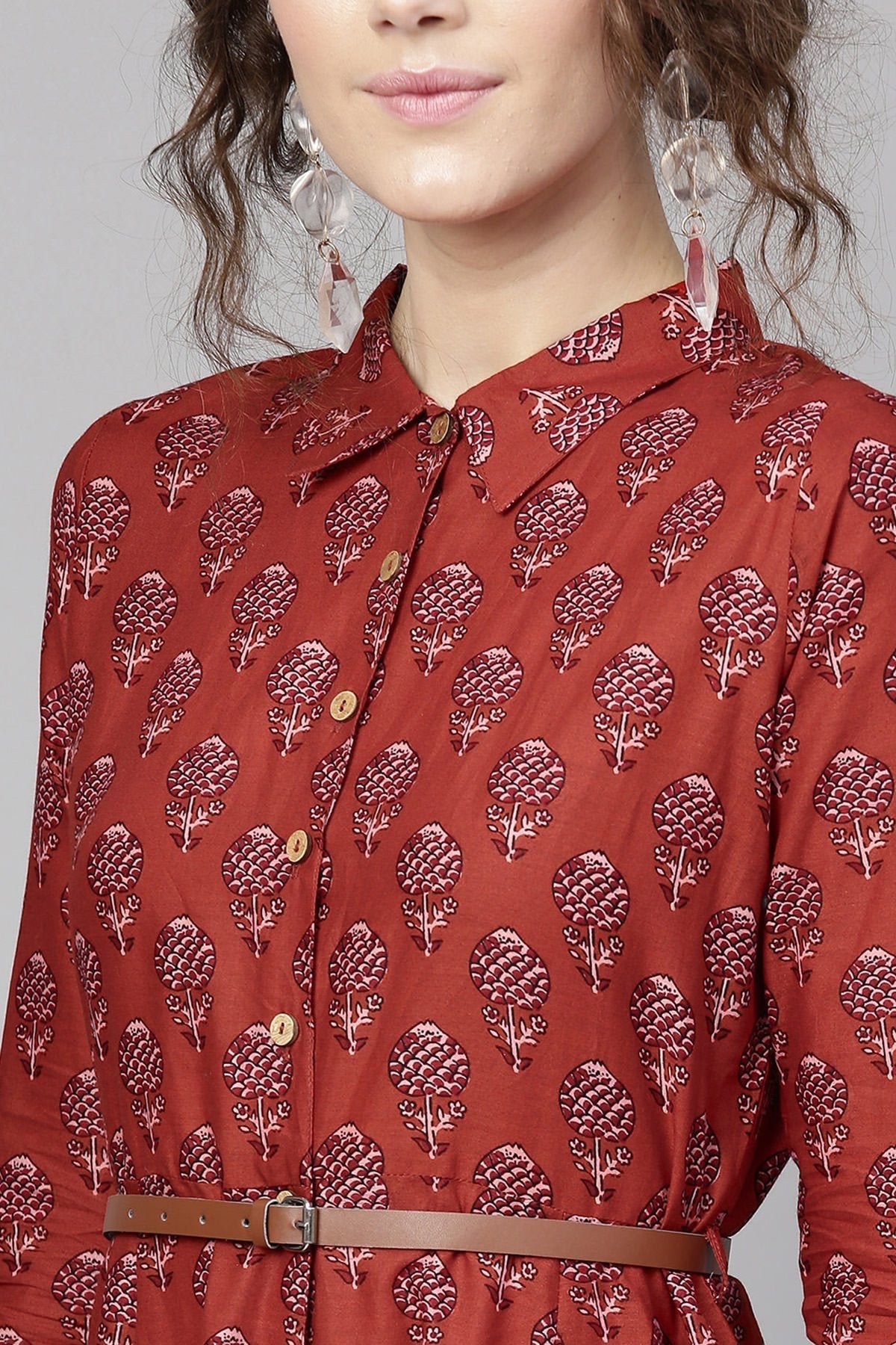 Women's Red Floral Belted Shirt Dress - SASSAFRAS