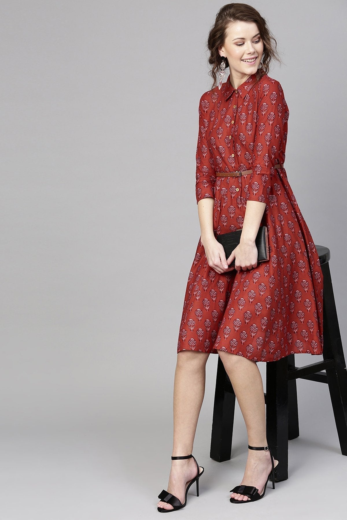 Women's Red Floral Belted Shirt Dress - SASSAFRAS