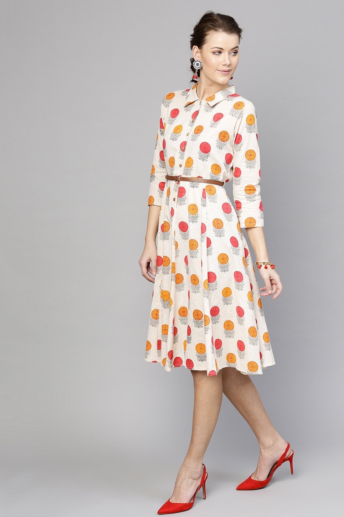 Women's Off White Floral Belted Shirt Dress - SASSAFRAS